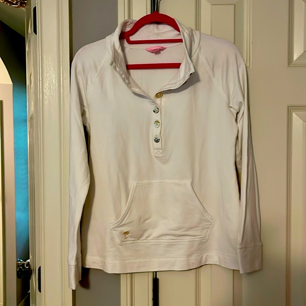 White Lilly Pulitzer Capital Popover sweatshirt with gold buttons
